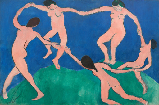 Oil painting depicting five figures holding hands in a circle, set against a blue background and standing on a green hill. Predominant colors are pink, blue, and green. This is an AI generated description. To give feedback, email ai@moma.org.